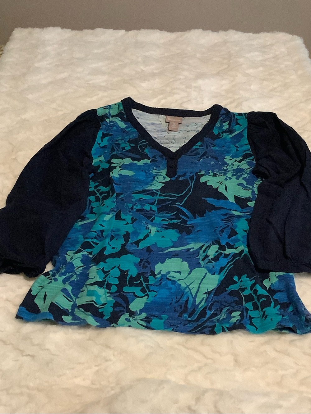Chico's Navy, Teal & Blue V-Neck Floral Long Sleeve Top